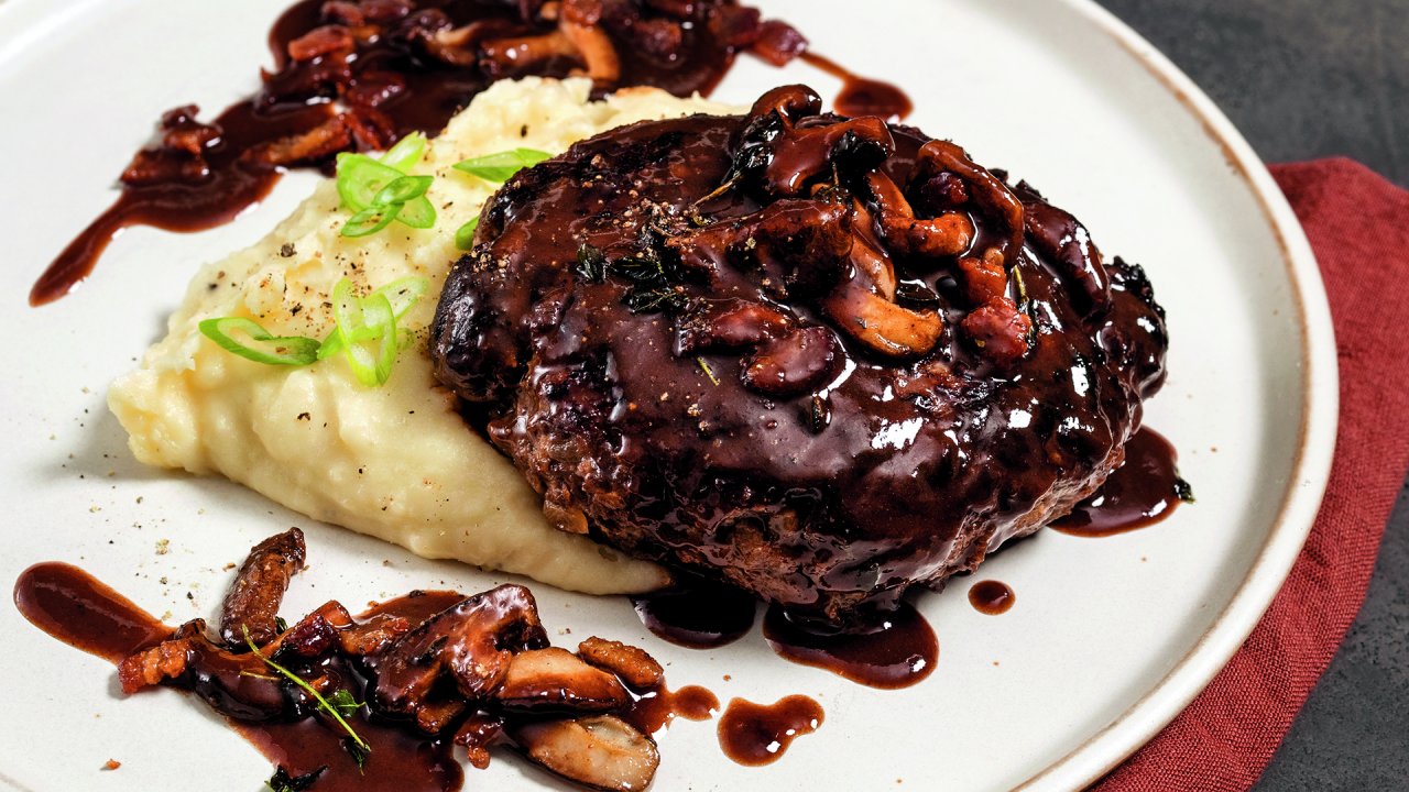 Chipotle Salisbury Steak with Mashed Potatoes & Mushroom-Bacon Gravy | Bobby Flay | Recipe - Rachael Ray Show